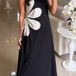 Solid Color Round Neck Floral Maxi Dress