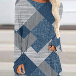 Crew Neck Long Sleeve Denim Pattern Mid-length Blouse