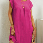 Cap Sleeve Loose Pleated Solid Color Round-Neck Mini Dresses