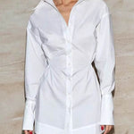 High Waisted Long Sleeves Buttoned Pleated Solid Color Lapel Mini Dresses Shirt Dress