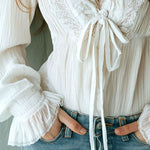 Boho Ruffled V-Neck White Pleated Lace Tie-Front Blouse