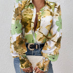 Long Sleeves Loose Buttoned Elasticity Flower Print Pleated Lapel Blouses&Shirts Tops