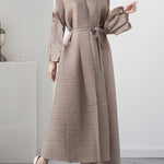 Casual Long Sleeves Loose Tied Pleated Stand Collar Midi Dresses