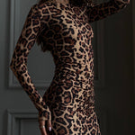 Bodycon Long Sleeves Leopard Printed Round-Neck Maxi Dresses