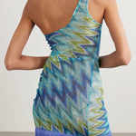 Eline Knit Colorful Zigzag PatternOne Shoulder Ruched Tassle Trim Mini Dress