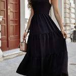 Oatmeal Crossover Backless Bodice Tiered Maxi Dress