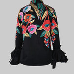 Flared Sleeves Long Sleeves Buttoned Contrast Color Flower Print Lapel Blouses&Shirts Tops