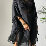 Batwing Sleeves Loose Hollow Solid Color Sun Protection Tasseled Round-Neck Cover-Ups Tops Midi Dresses
