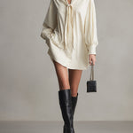 Women's Off-White Woven Dress With Long Sleeve & Mini Length, Sophisticated Daytime-Casual Style Dress