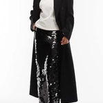 Chic Holiday Look Large Sequins High Rise Zipper Waist Slit Maxi Skirt