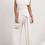 Jordy Ruched Shoulder Slit Top and Elastic Waist Pocketed Wide Leg Pants Set