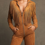 Western Retro Light Brown Faux Suede Zipper Tassel Long-Sleeved Jumpsuit