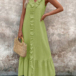 A-Line Loose Pleated Ruffle Trim Solid Color V-Neck Maxi Dresses