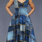Ursime Denim Allover Pattern V Neck Sleeveless Maxi Dress