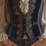 Vintage Baroque Navy Blue Velvet Embroidered Vest