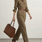 High Waisted Long Sleeves No Belt Plaid Pleated Pockets Lapel Jumpsuits