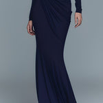 Women's Navy Elegant Stretch Polyester-Cotton Blend Turtleneck Draped Maxi Dress