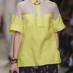 Short Sleeves See-Through Solid Color Split-Joint Lapel Blouses&Shirts Tops