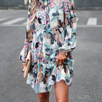 A-Line High Waisted Printed Split-Joint Tied Mock Neck Mini Dresses
