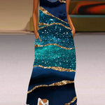 A-Line Loose Contrast Color Pockets Printed Split-Joint V-Neck Maxi Dresses