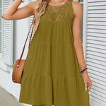 A-Line Loose Hollow Pleated Solid Color Split-Joint Round-Neck Mini Dresses