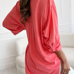 V Neck Button Roll Sleeve Patch Pocket Loose Straight Long Sleeve Shirt