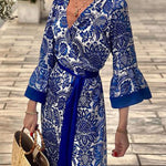 A-Line Flared Sleeves Pleated Printed Split-Joint Tied Waist V-Neck Maxi Dresses