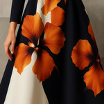 A-Line Long Sleeves Contrast Color Flower Print Mock Neck Midi Dresses