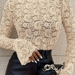 High-neck lace flared sleeves see-through top