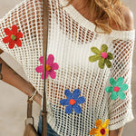Hollowed Crochet Colorful Flower Loose Knit T Shirt