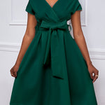 Bowknot Lace-Up Solid Color V-Neck Midi Dresses