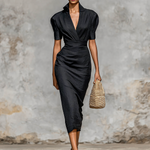 Ladies Solid Color Lapel V-neck Short Sleeve Waist Midi Dress