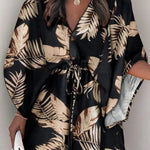Original Loose Leaf Printed Contrast Color Tied Buttoned Mini Shirt Dress