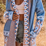 Vzyzv Women's Sweaters Blue Aztec Print Open Front Knitted Cardigan
