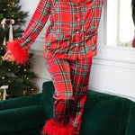 Christmas Besties Party Printed Feather Trim Elastic Waist Pocketed Pajama Set