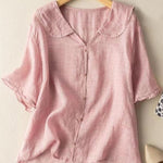 Cotton And Linen Retro Short Sleeved Navy Doll Collar Thin Shirt