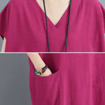 Simple Ramie Cotton Solid Color Split-Side With Pocket V-Neck Short Sleeves Maxi Dress