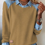 Women'S Casual Lapel Denim Stitching Pullover Sweatshirt