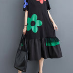 Loose Short Sleeves Floral Printed Split-Joint Round-Neck Midi Dresses