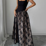 High Waisted Sleeveless Contrast Color Flower Print Split-Joint Zipper Square-Neck Maxi Dresses
