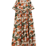 Half Sleeves Loose Pleated Printed Split-Joint Round-Neck Midi Dresses