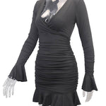 Bodycon Elasticated Waist Pleated Ruffled Solid Color Split-Joint V-Neck Midi Dresses