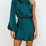 High Waisted Long Sleeves Asymmetric Elasticity Solid Color High Neck Mini Dresses