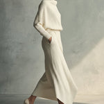 Women's Cream Elegant Rib - Knit Cowl Neck Wrap Skirt Set