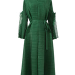 Casual Long Sleeves Loose Tied Pleated Stand Collar Midi Dresses