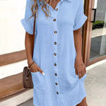 Loose Short Sleeves Pleated Split-Joint Lapel Mini Dresses Shirt Dress