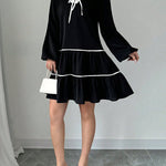 A-Line Long Sleeves Elasticity Pleated Tied V-Neck Mini Dresses