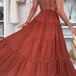 Bohemian Style V-neck Backless Slip Layered Vacation Maxi Dress