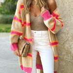 Striped Colorblock Rib Knit Drop Sleeve Long Cardigan