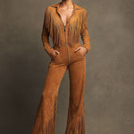 Western Retro Light Brown Faux Suede Zipper Tassel Long-Sleeved Jumpsuit